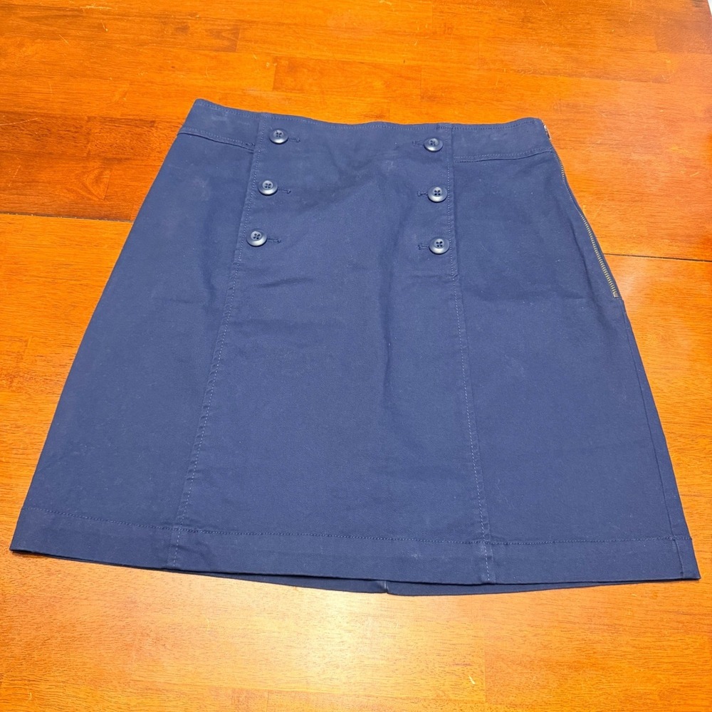 LOFT Women Skirt 4 Navy Blue Sailor Button Side Zip Mini Nautical